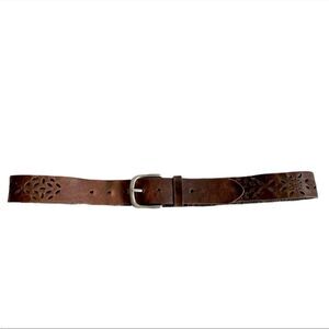 VINTAGE Brown Leather Belt Perforated Silver Buckle XL